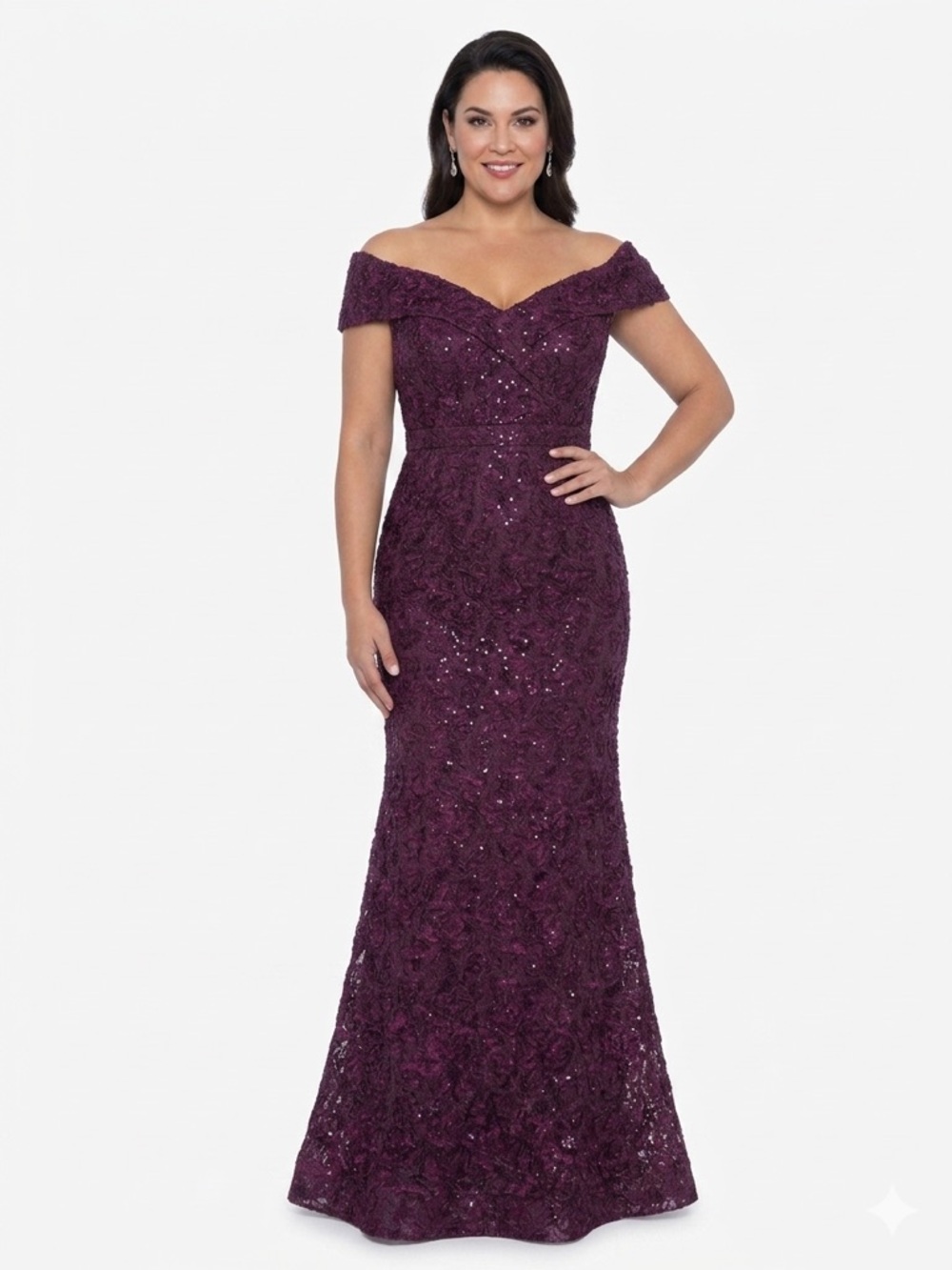 Xscape Off-the-Shoulder Jill Lace Maxi Gown in Wine 14W